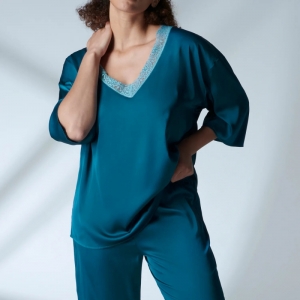 Satin Secrets top lange mouw CYAAN BLAUW