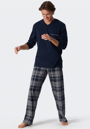 Pyjama lang met V-hals, geruit BLAUW