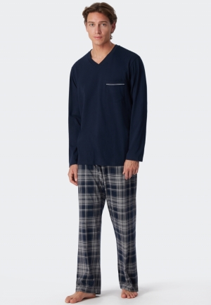 Pyjama lang met V-hals, geruit BLAUW