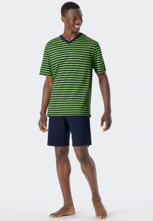 Pyjama kort met V-hals, gestre BLAUW