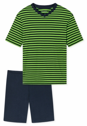 Pyjama kort met V-hals, gestre BLAUW