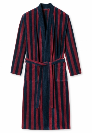 Badjas zacht velours gestreept BORDEAUX