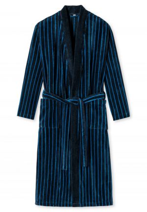 Badjas zacht velours gestreept DONKERBLAUW
