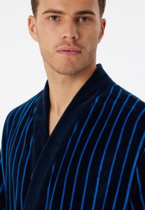 Badjas zacht velours gestreept DONKERBLAUW