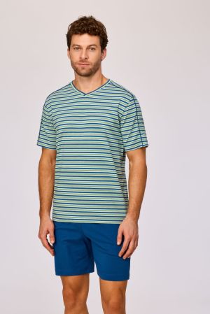 Herenpyjama V-hals, gestreept BLAUW