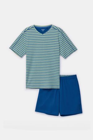 Herenpyjama V-hals, gestreept BLAUW